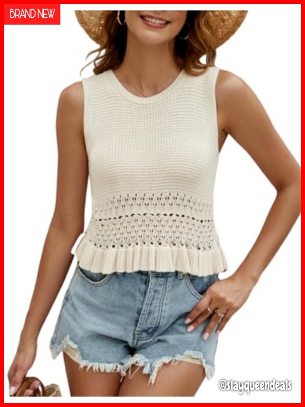 Women's Cute Crop Sweater Vest Knit Sleeveless Pullover Tops Crochet Ruffle Hem